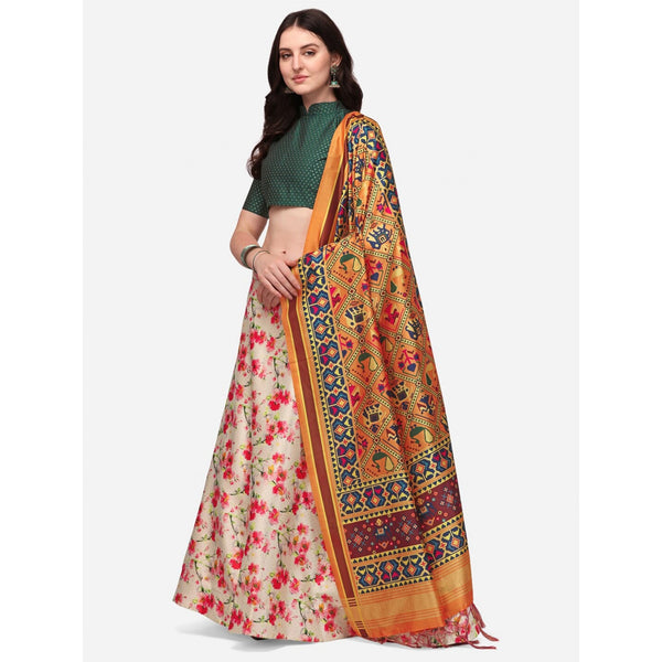 Women's Digital Print Shiney Satin Semistitched Lehenga Choli With Unstitched Blouse And Thred Work Dupatta - Kaizen Texo Fab