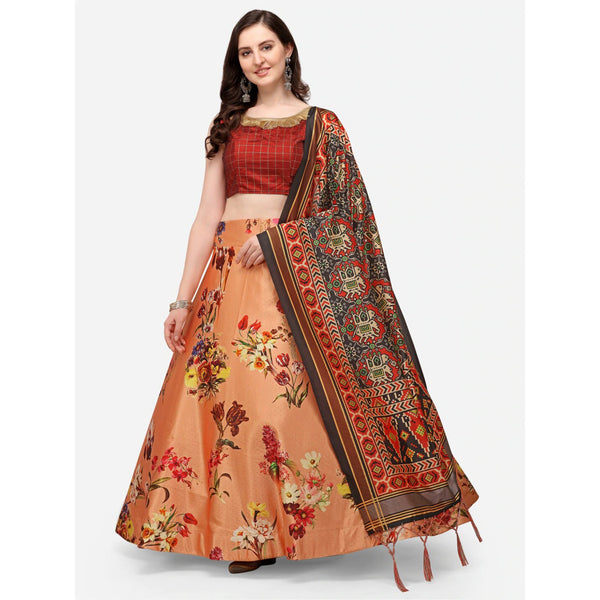 Women's Digital Print Shiney Satin Semistitched Lehenga Choli With Unstitched Blouse And Thred Work Dupatta - Kaizen Texo Fab