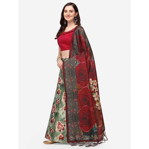 Women's Digital Print Shiney Satin Semistitched Lehenga Choli With Unstitched Blouse And Thred Work Dupatta - Kaizen Texo Fab