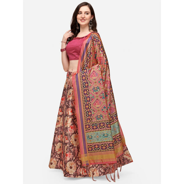 Women's Digital Print Shiney Satin Semistitched Lehenga Choli With Unstitched Blouse And Thred Work Dupatta - Kaizen Texo Fab