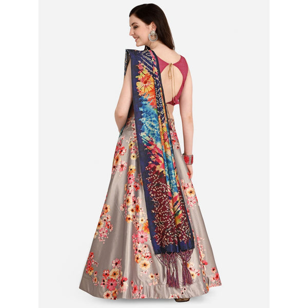 Women's Digital Print Shiney Satin Semistitched Lehenga Choli With Unstitched Blouse And Thred Work Dupatta - Kaizen Texo Fab