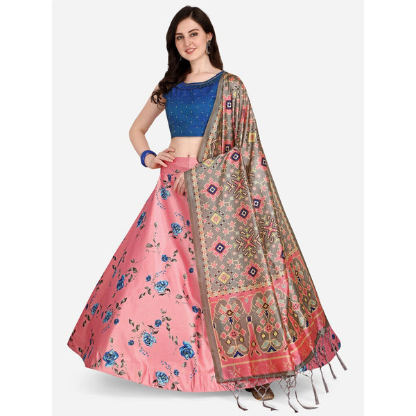 Women's Digital Print Shiney Satin Semistitched Lehenga Choli With Unstitched Blouse And Thred Work Dupatta - Kaizen Texo Fab