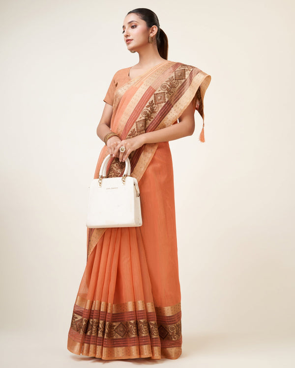 Women's Woven Saree With Blouse Set-Peach - Sweet Smile