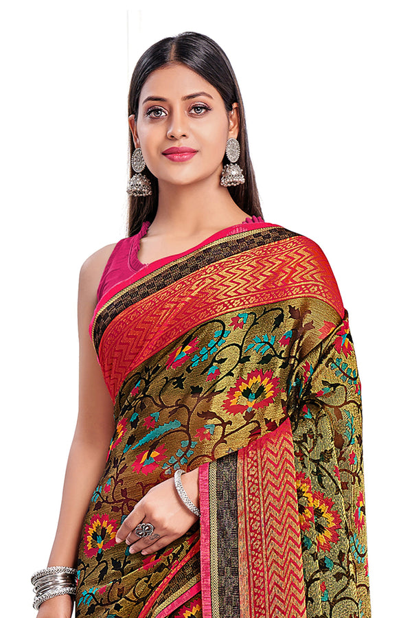 Women's Multi Color  Designer Chiffon Brasso Saree With Exclusive Banarasi Lace - Vamika