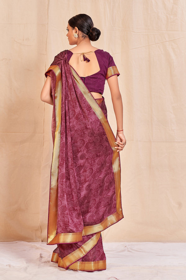 Women's Wine Designer Cadbury Chiffon Banarasi Lace Saree - Vamika