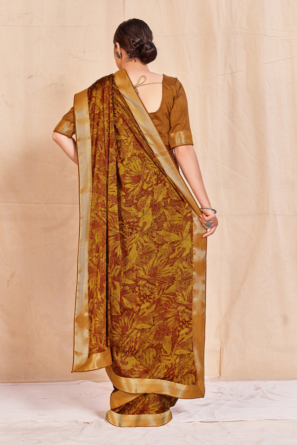 Women's Mustard Designer Cadbury Chiffon Banarasi Lace Saree - Vamika