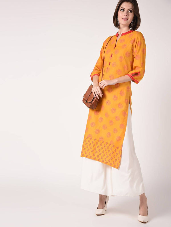 Women's Mustard Hand Block Print Straight Kurta Only - Cheera