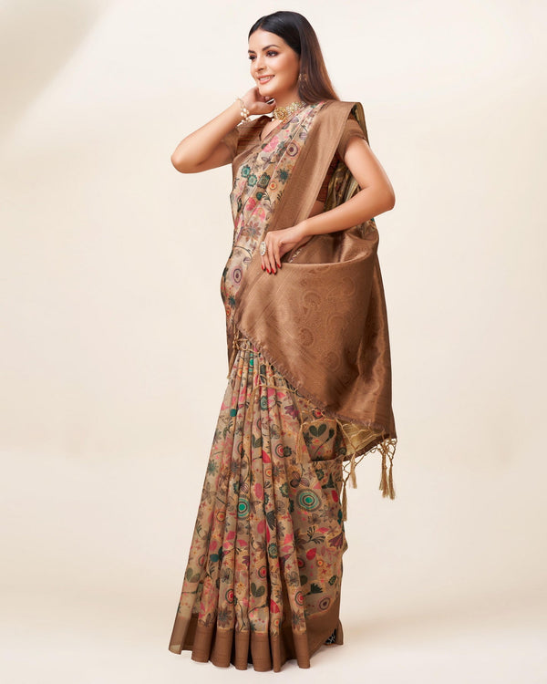 Women's Woven Digital Print Saree With Blouse Set-Brown - Sweet Smile