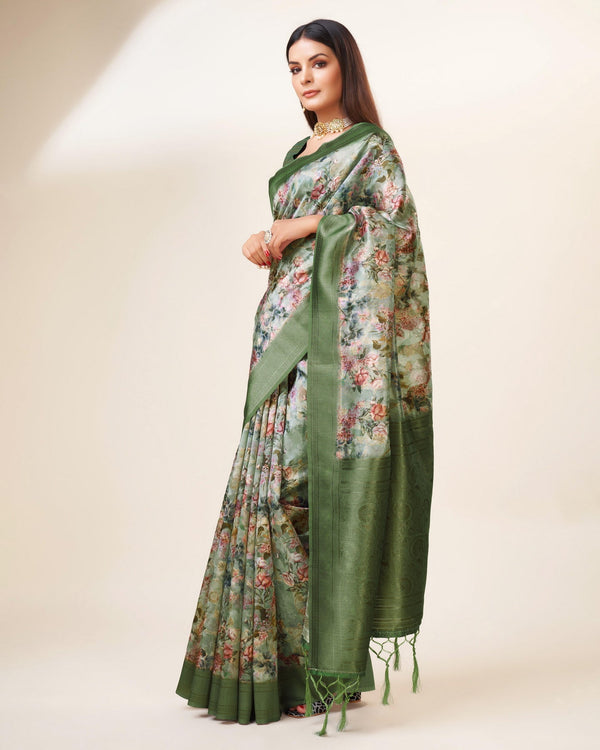 Women's Woven Digital Print Saree With Blouse Set-Green - Sweet Smile