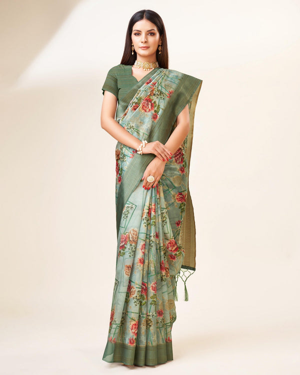 Women's Woven Digital Print Saree With Blouse Set-Light Green - Sweet Smile