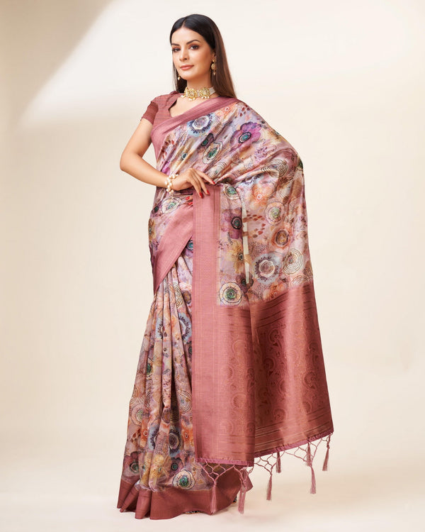 Women's Woven Digital Print Saree With Blouse Set-Light Pink - Sweet Smile