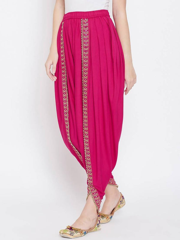 Women's Raani Pink Viscose Rayon Dhoti With Golden Lace - Cheera