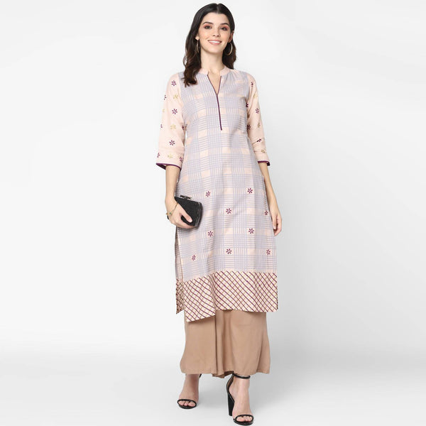 Women's Pale Pink & Skin Color Cotton Hand Block Print Straight Kurta With Palazzo Set - Cheera