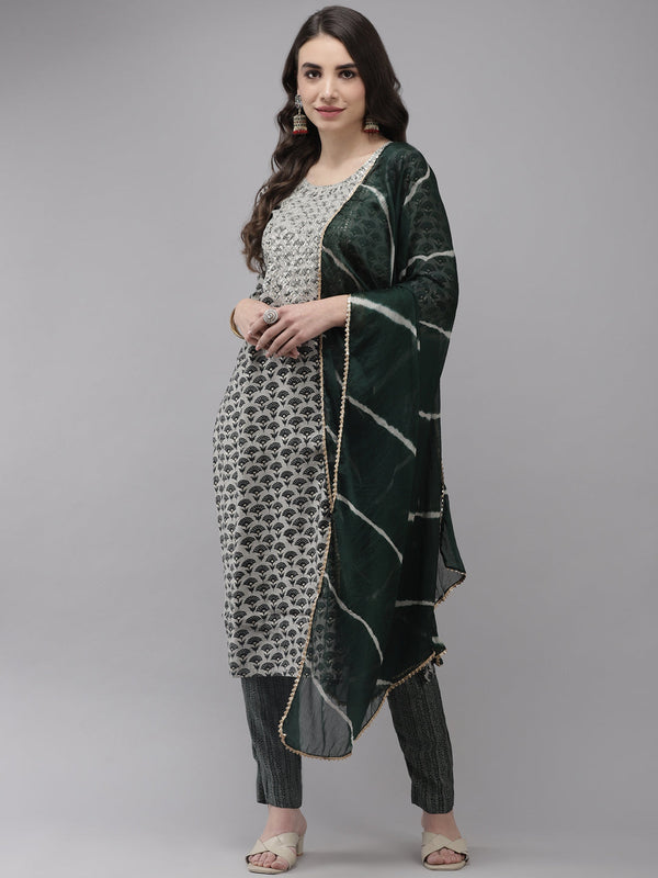 Women's Silk Blend Grey & Green Embroidered A-Line Kurta Trouser Dupatta Set - Navyaa