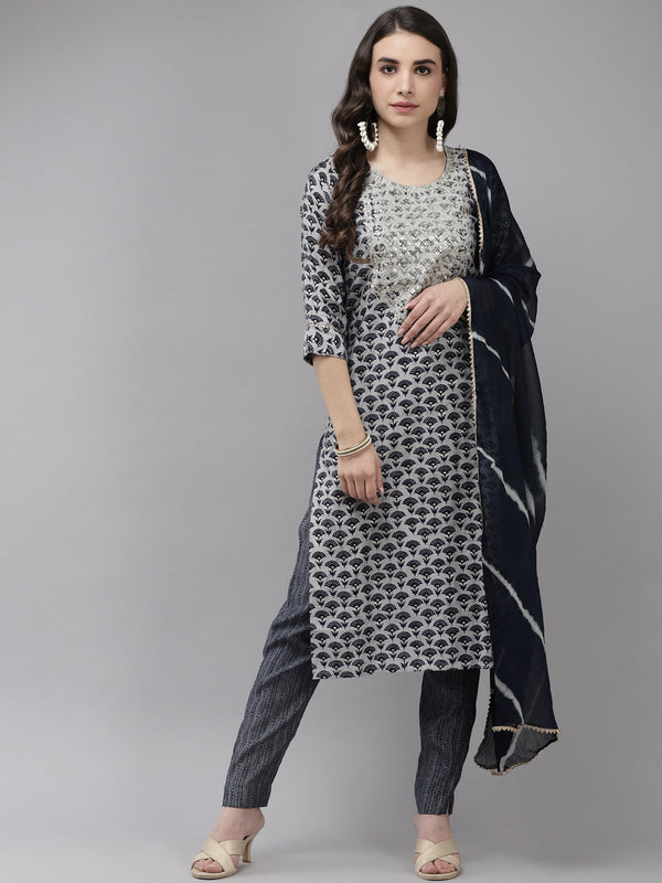 Women's Silk Blend Grey & Navy Blue Embroidered A-Line Kurta Trouser Dupatta Set - Navyaa