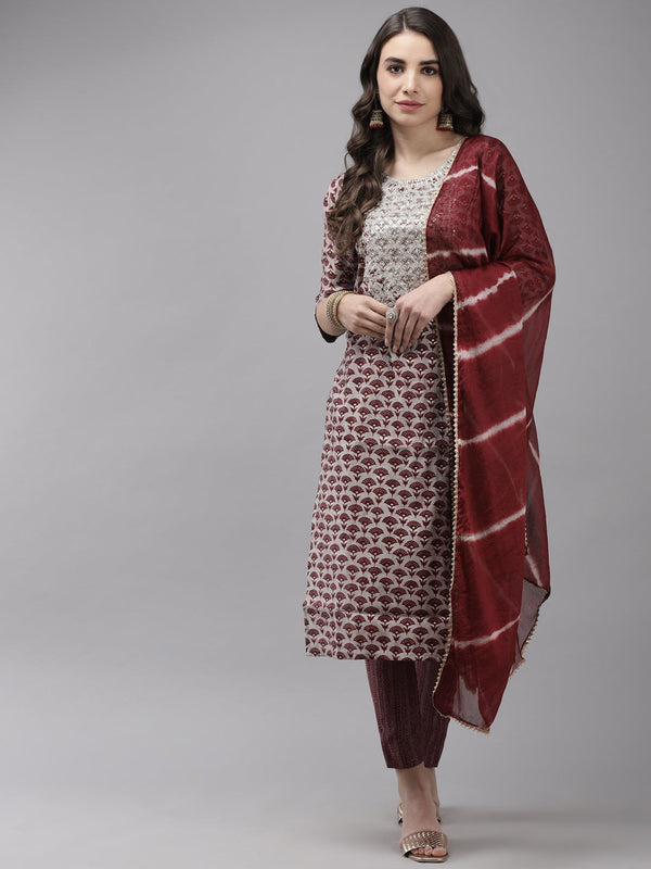 Women's Silk Blend Grey & Maroon Embroidered A-Line Kurta Trouser Dupatta Set - Navyaa