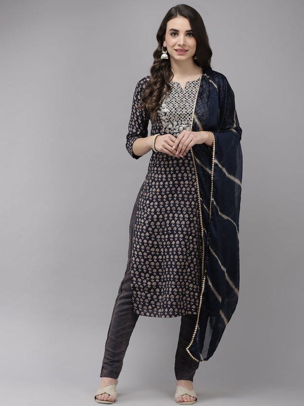 Women's Silk Blend Navy Blue Embroidered A-Line Kurta Trouser Dupatta Set - Navyaa