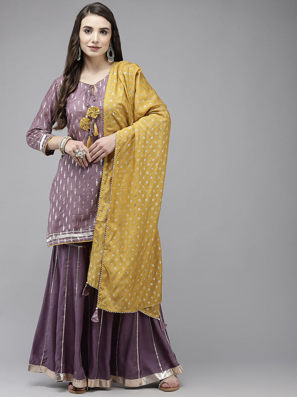 Women's Purple Foil Printed Kurti With Sharara & Dupatta - Navyaa