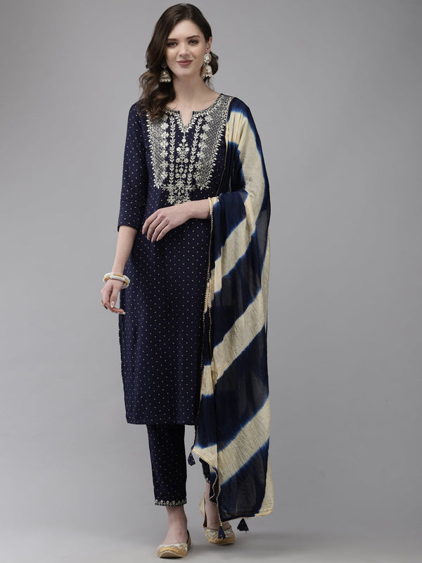 Women's Rayon Navy Blue Yoke Embroidered A-Line Kurta With Trouser & Dupatta - Navyaa