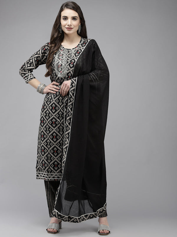 Women's Silk Blend Black Yoke Embroidered A-Line Kurta Trouser Dupatta Set - Navyaa