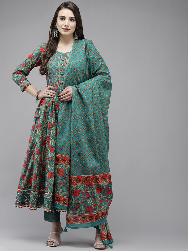 Women's Green Embroidered Anarkali Kurta With Trouser & Dupatta - Navyaa