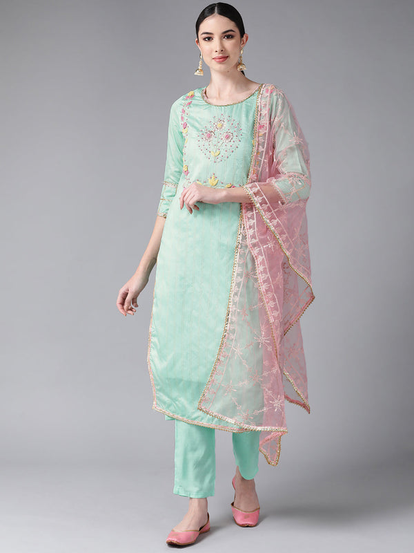 Women's Chanderi Silk Sea Green Embroidered A-Line Kurta Trouser Dupatta Set - Navyaa