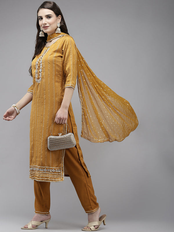 Women's Mustard Embroidered A-Line Kurta With Trouser & Dupatta - Navyaa