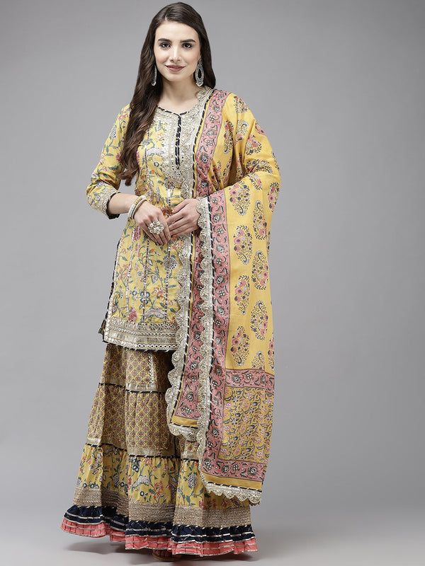 Women's Cotton Blend Yellow Embroidered A-Line Kurti Sharara Dupatta Set - Navyaa