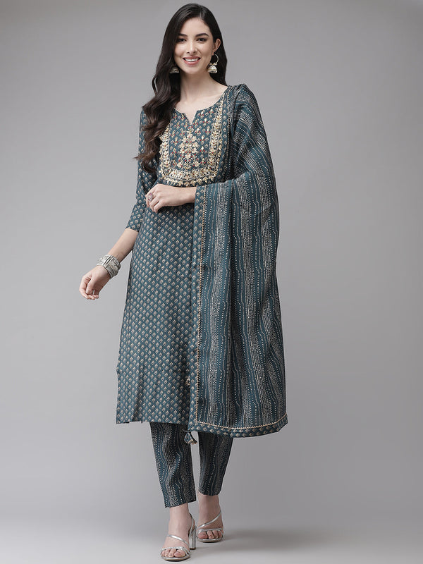 Women's Silk Blend Green Embroidered A-Line Kurta Trouser Dupatta Set - Navyaa