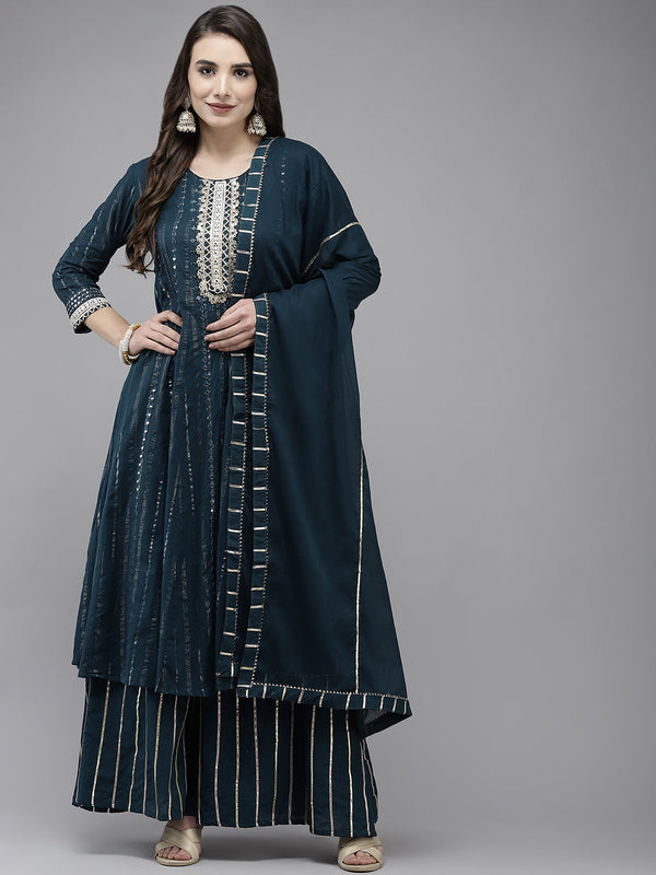 Women's Cotton Blend Teal Embroidered Anarkali Kurta Sharara Dupatta Set - Navyaa