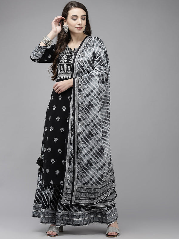 Women's Black Embroidered A-Line Kurta With Sharara & Dupatta - Navyaa