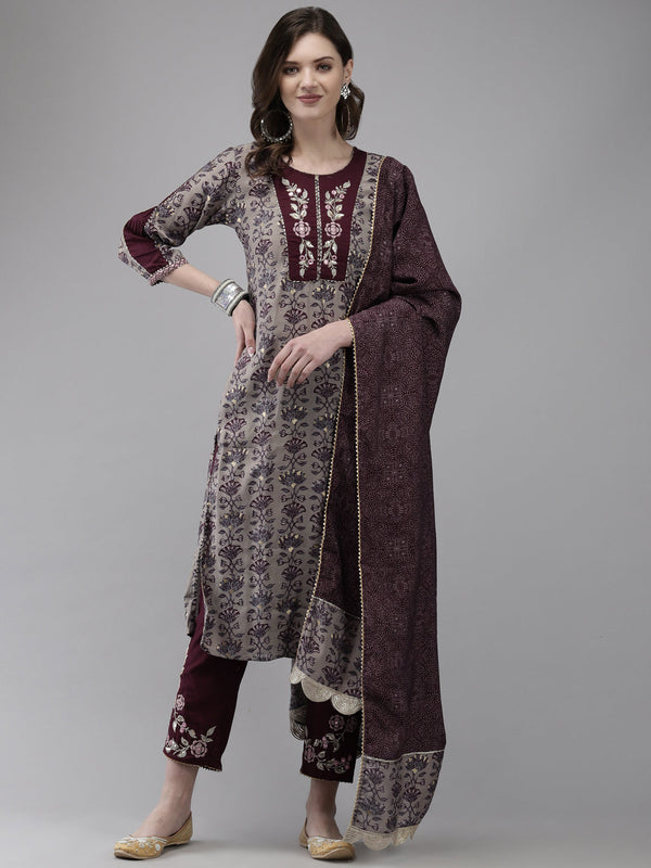 Women's Grey & Burgundy Embroidered A-Line Kurta With Trouser & Dupatta - Navyaa