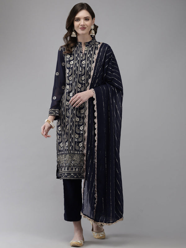 Women's Georgette Navy Blue Embroidered A-Line Kurta With Trouser & Dupatta - Navyaa