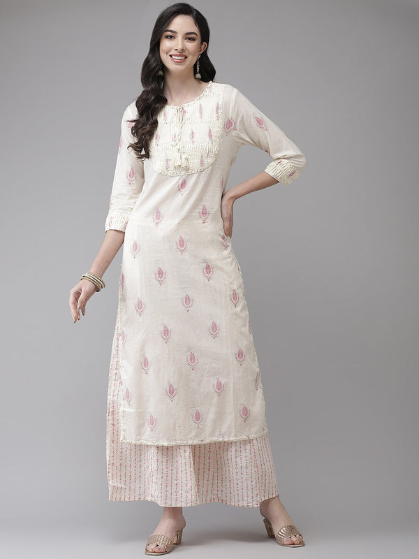 Women's Cotton Blend Cream Embroidered A-Line Kurta Sharara Set - Navyaa