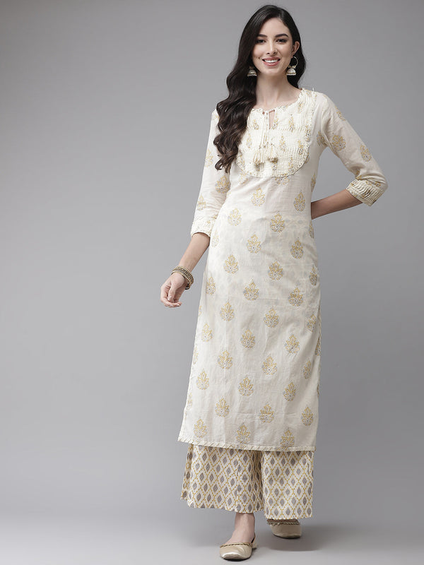 Women's Cotton Blend Cream Embroidered A-Line Kurta Sharara Set - Navyaa