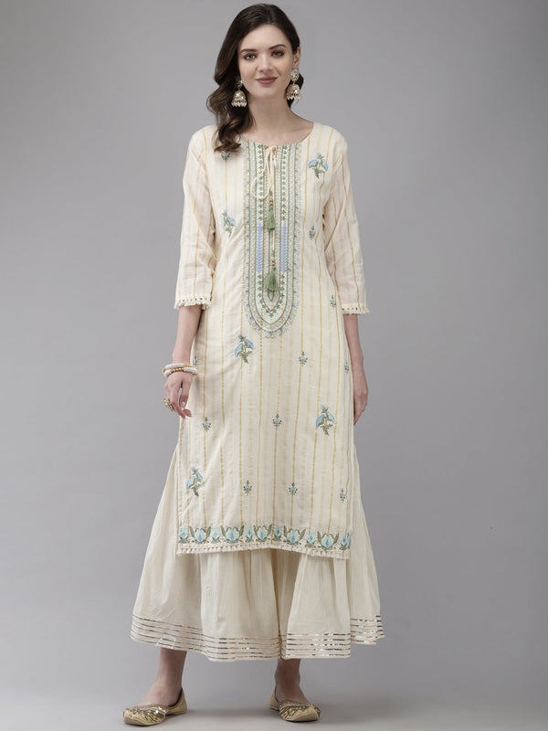 Women's Cotton Off White Embroidered A-Line Kurta Sharara Set - Navyaa