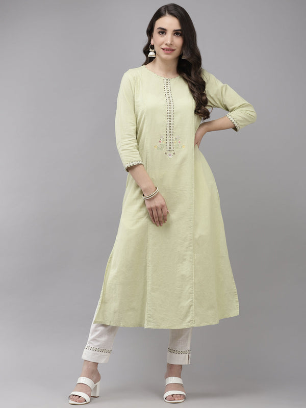 Women's Cotton Green & White Embroidered A-Line Kurta Trouser Set - Navyaa