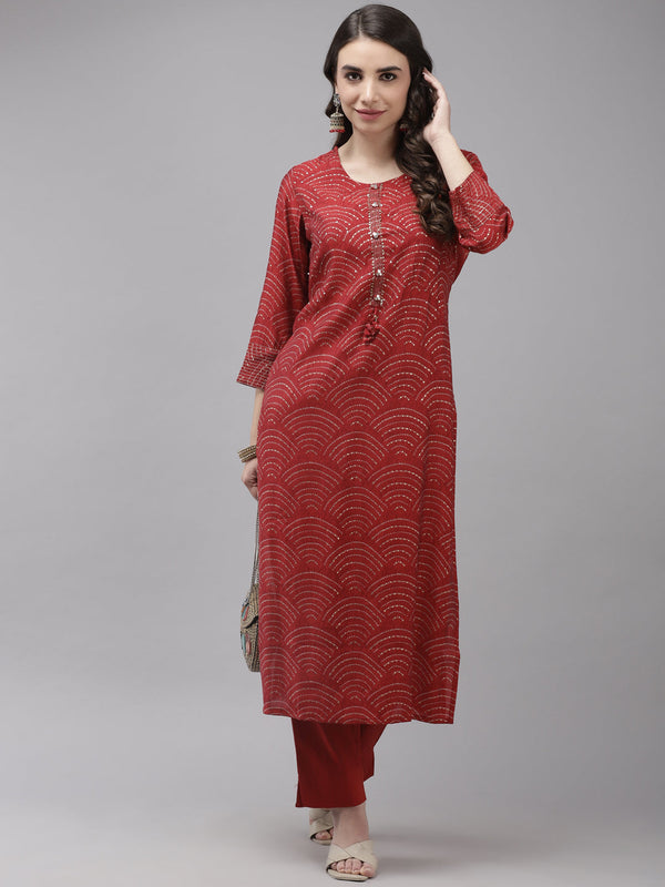 Women's Silk Blend Red Embroidered A-Line Kurta Trouser Set - Navyaa