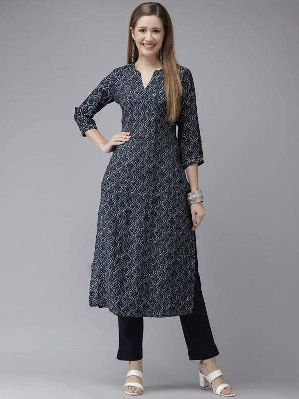 Women's Art Silk Navy Blue Embroidered A-Line Kurta Trouser Set - Navyaa