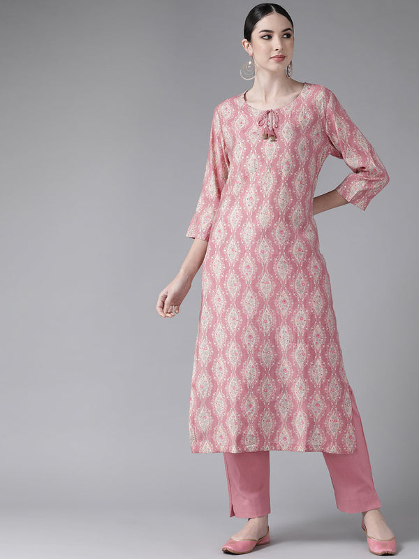 Women's Art Silk Pink Embroidered A-Line Kurta Trouser Set - Navyaa