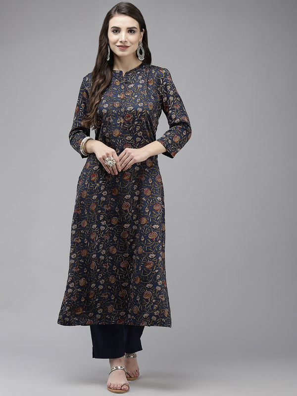 Women's Navy Blue Embellished A-Line Kurta With Trouser - Navyaa