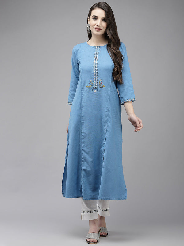 Women's Blue Back Embroidered A-Line Kurta With Trouser - Navyaa