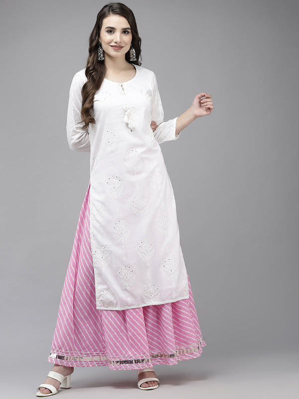 Women's White & Pink Embroidered A-Line Kurta With Sharara - Navyaa