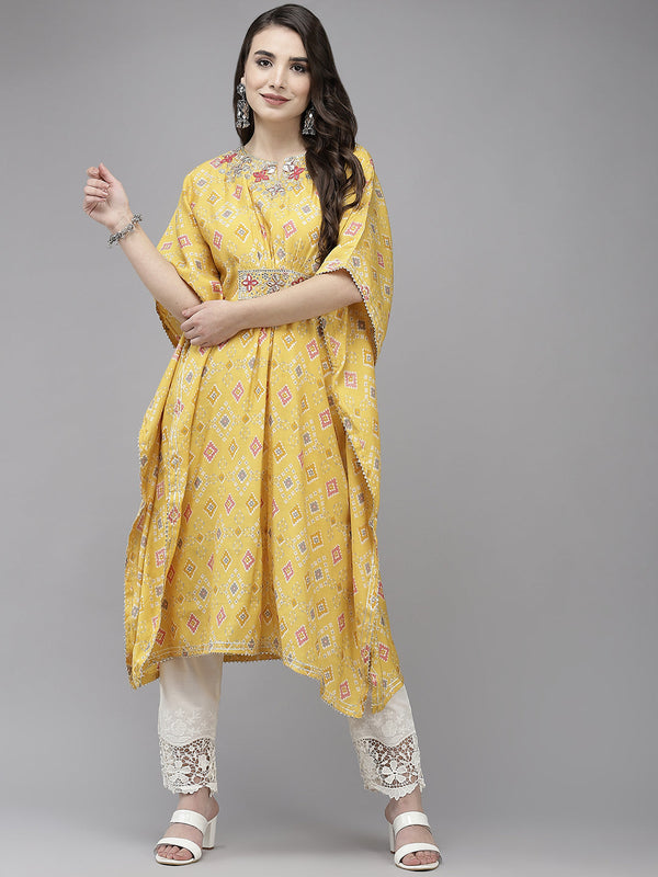 Women's Yellow Embroidered Kaftan With Trouser - Navyaa