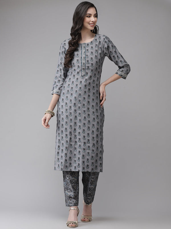 Women's Silk Blend Grey Printed A-Line Kurta Trouser Set - Navyaa