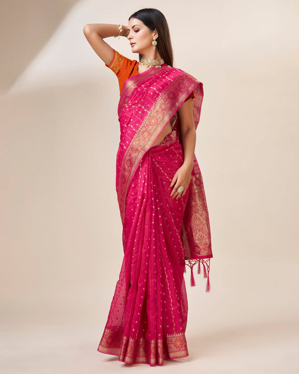 Women's Woven Saree With Blouse Set-Pink - Sweet Smile