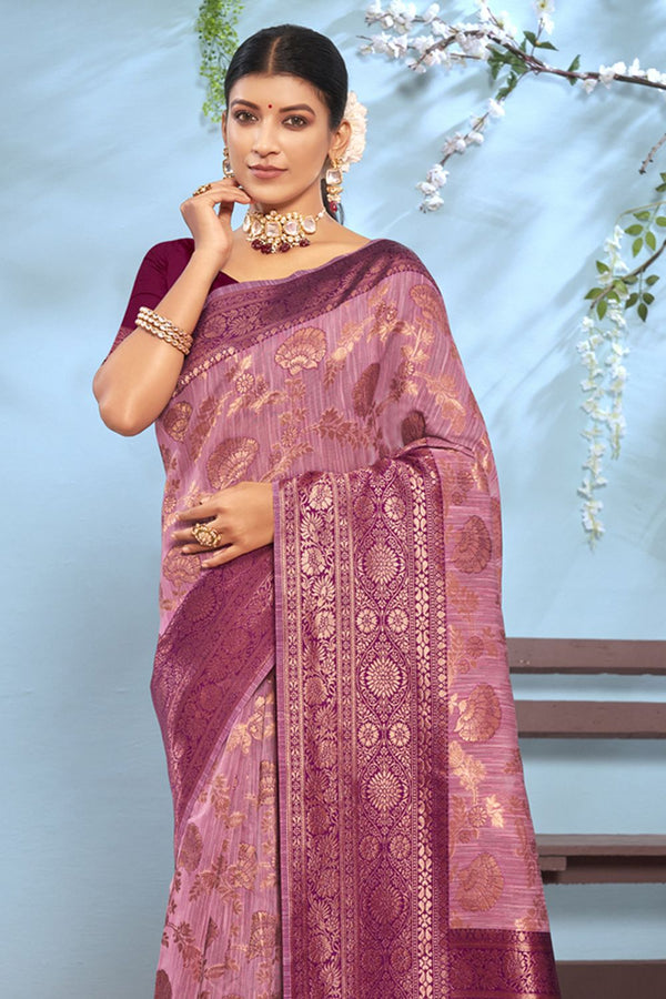 Women's Pink Cotton Woven Zari Work Traditional Tassle Saree - Sangam Prints