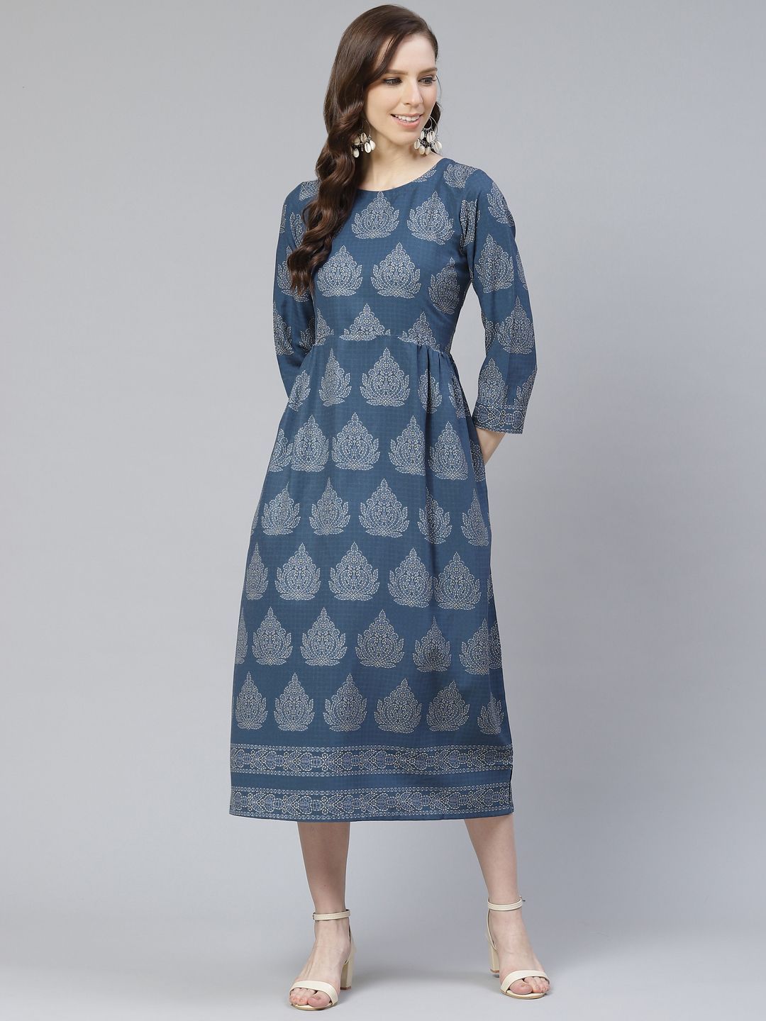 Women's Poly Rayon Blue Colored Digital Printed Flared  Dress - Ziyaa