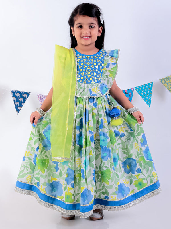 Girl's Green Cotton Jaipuri Print Lehanga Choli With Dupata Set - Lil Drama