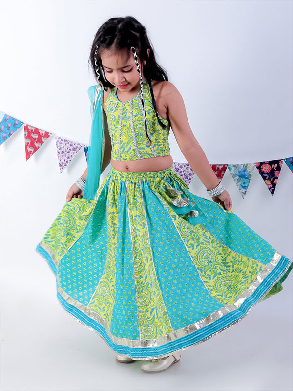 Girl's Green Cotton Jaipuri Print Lehanga Choli With Dupata Set - Lil Drama